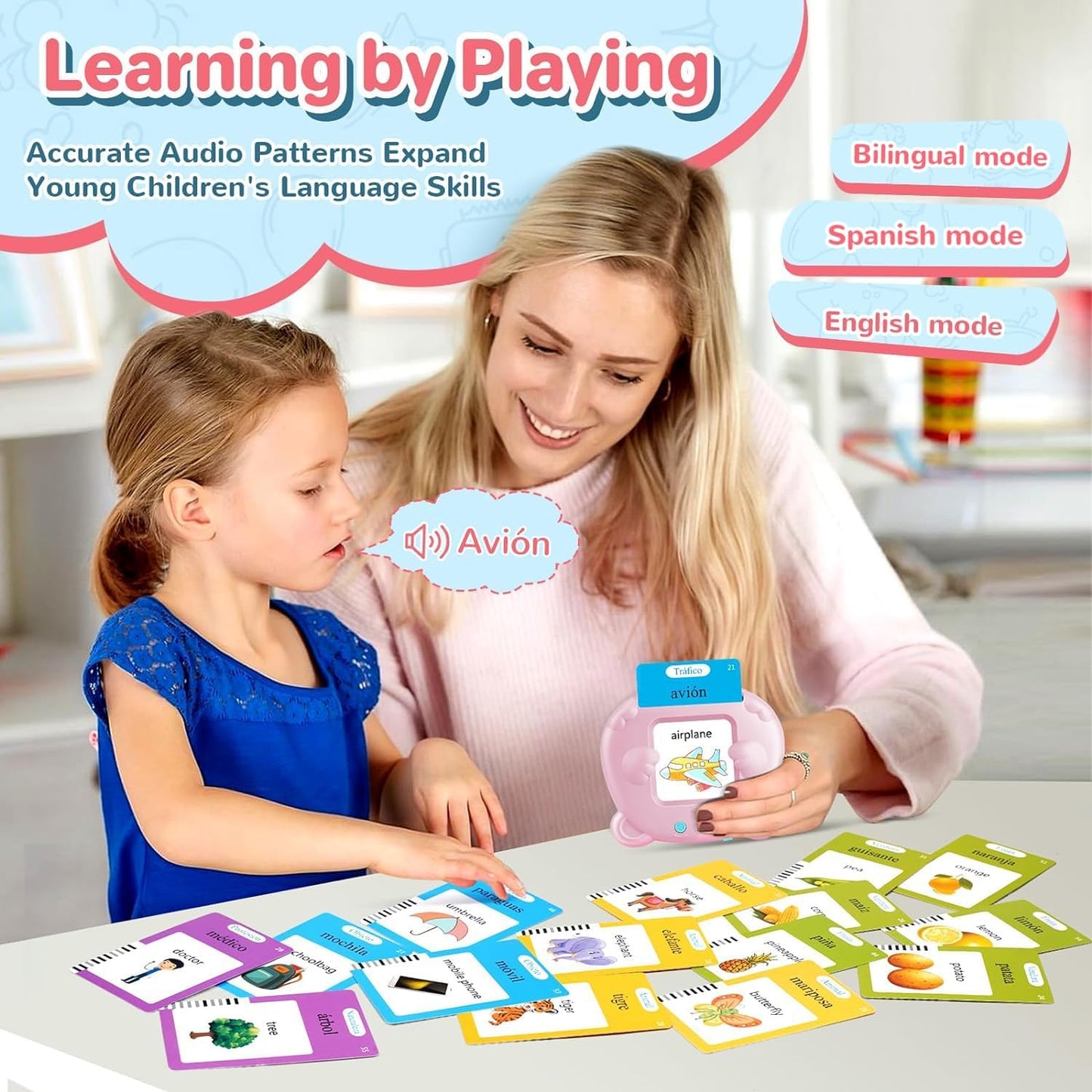 Spanish & English Talking Flash Cards for Toddler, Bilingual Flash Cards Learning Montessori Toys with 224 Sight Words, Speech Therapy Toys for Children Sensory Preschool Education