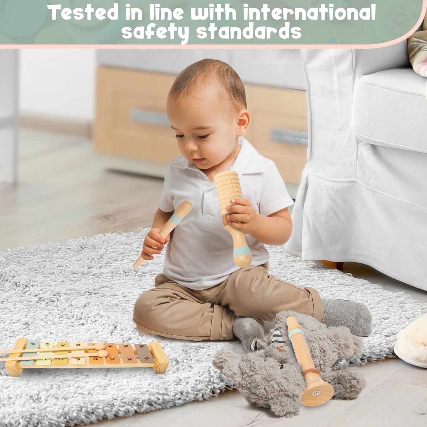 Stoie's Wooden Toddler Musical Instruments with Drum, Hand Bells, Flute, Maracas, Castanet, Tamburine, for Babies and Kids, Eco Friendly Montessori Educational Toy