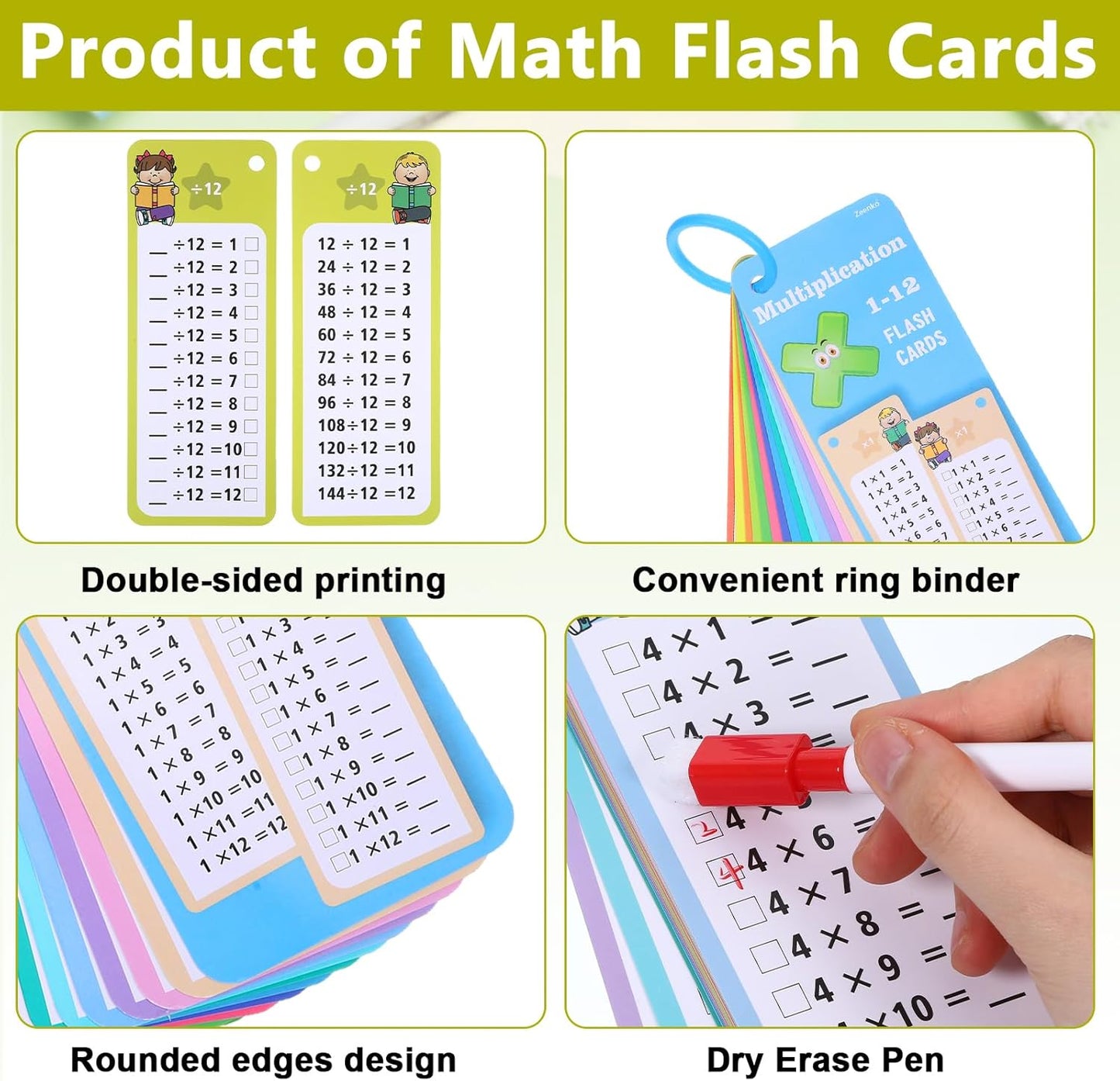 30 Pcs Addition and Subtraction Flash Cards, Math Flash Cards for 1st to 3rd Grades, Math Games Times Table Flashcards with 4 Dry Erase Pens 2 Rings for Learning