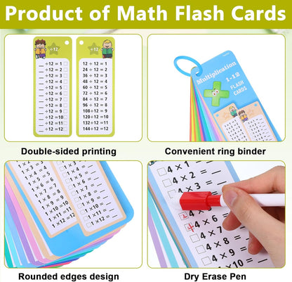 30 Pcs Addition and Subtraction Flash Cards, Math Flash Cards for 1st to 3rd Grades, Math Games Times Table Flashcards with 4 Dry Erase Pens 2 Rings for Learning