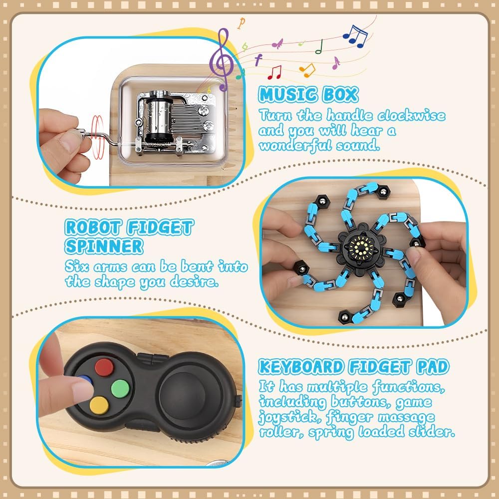 Busy Board for Toddler Kid Early Development, Fidget Sensory Learning Motor Skills Montessori Toy for Age 3 4 5, Busy Pad Fidget Spinner Travel Toy Birthday Gifts Educational Activities for Boy Girl