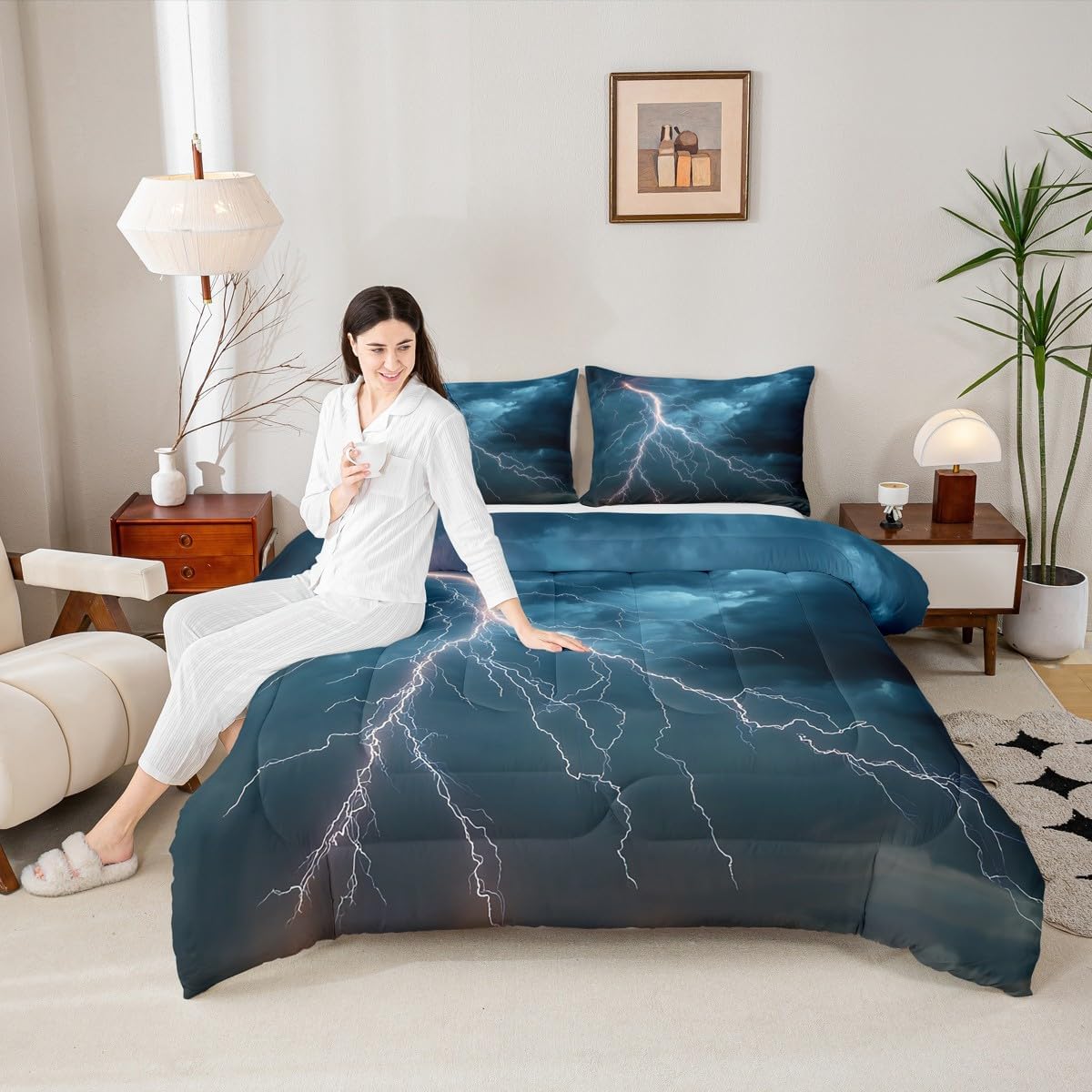 Castle Fairy Drum Kit Comforter Set,Musical Instruments Bedding Set for Kids Girls Women,Adults Rock Music Comforter,Neon Lighting Quilted Duvet Set Bedroom Collection Twin Size 2Pcs