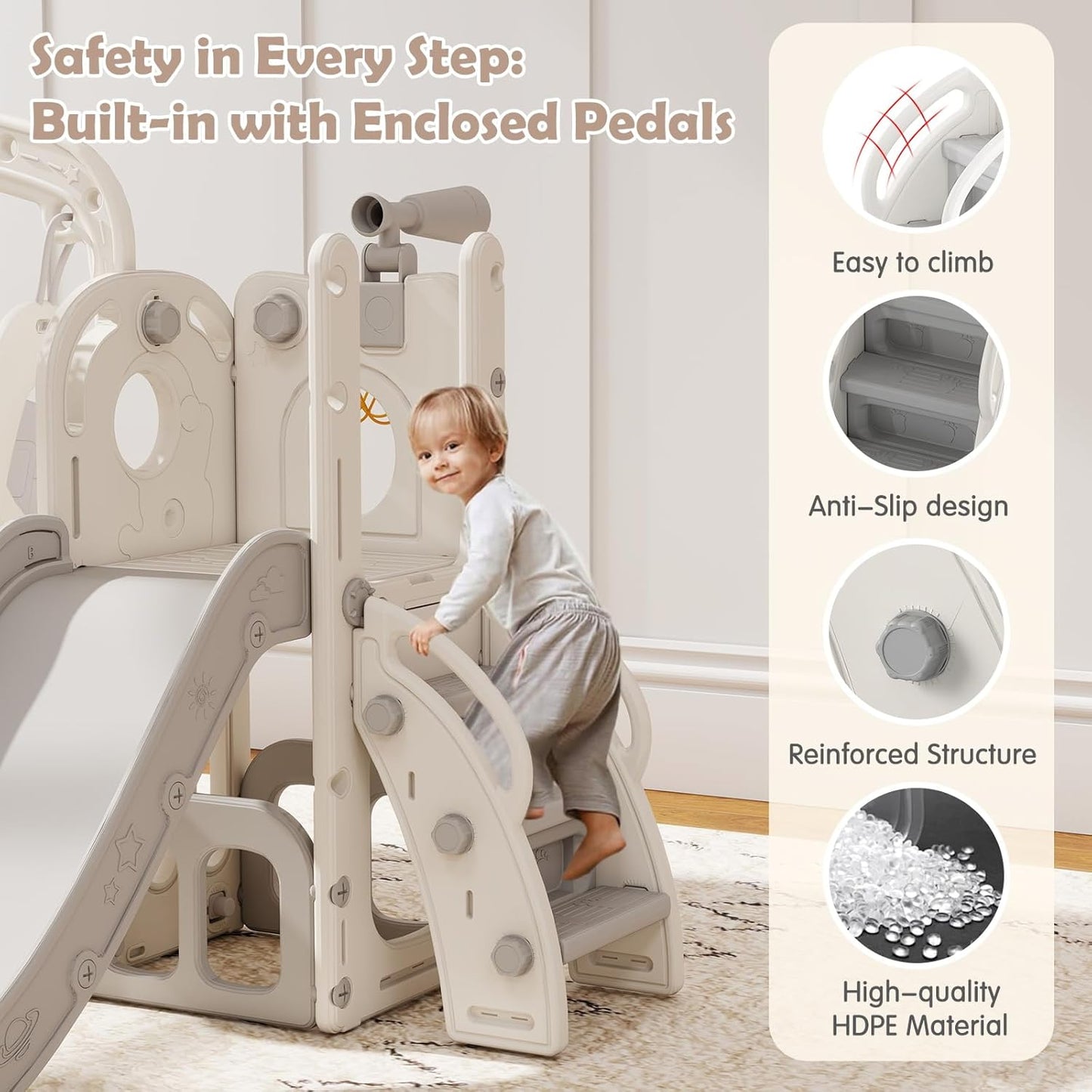 kinbor 6 in 1 Toddler Slide PlaySet - Indoor Outdoor Fun for Kids Ages 1-3, Includes Basketball Hoop, Telescope, Storage & Climber, Safe, Sturdy Baby Slide for Backyard Playground, Blue