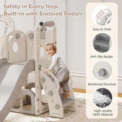 kinbor 6 in 1 Toddler Slide PlaySet - Indoor Outdoor Fun for Kids Ages 1-3, Includes Basketball Hoop, Telescope, Storage & Climber, Safe, Sturdy Baby Slide for Backyard Playground, Blue