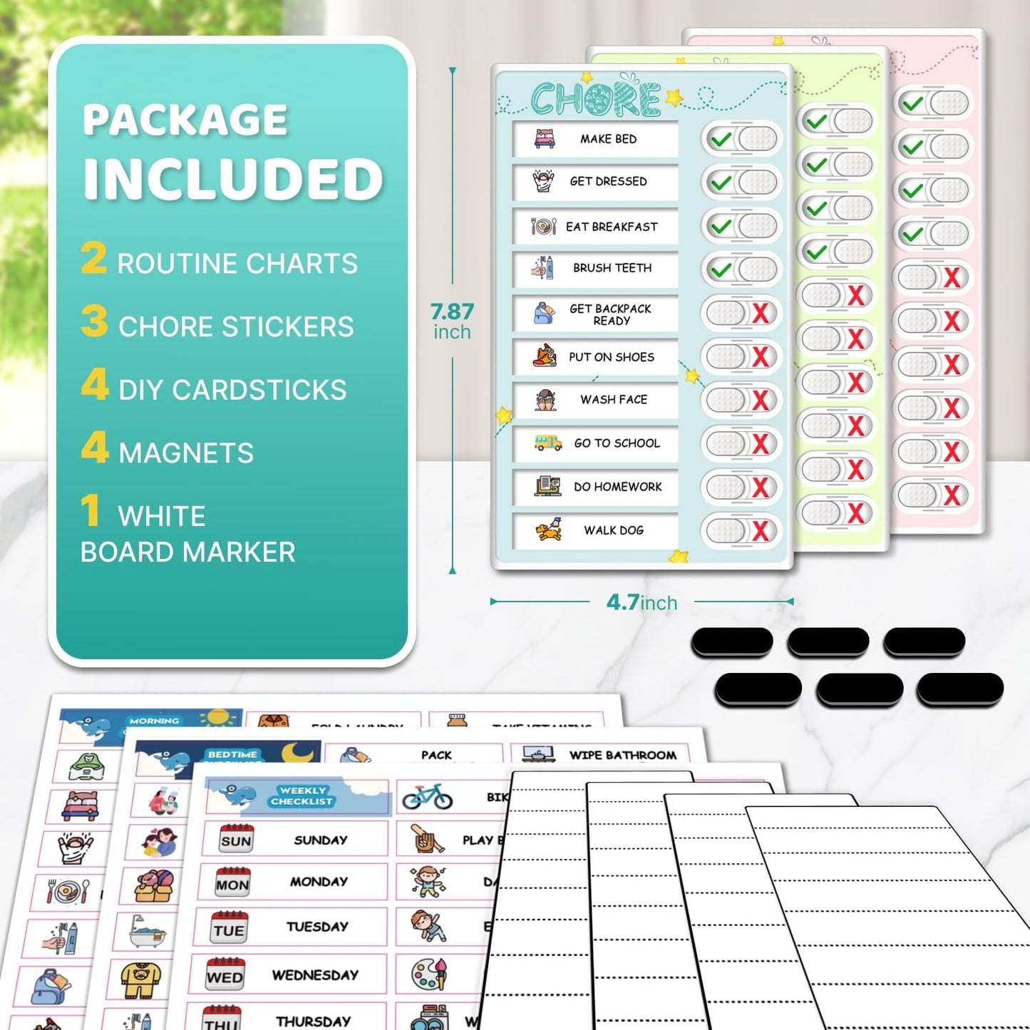 Dry Erase Kids Chore Chart for 2 Kids Pink and Blue - Magnetic Routine Chart with Slider Cute Design Stickers, Morning Bedtime Routine Chart for Toddlers Visual Schedule for Kid