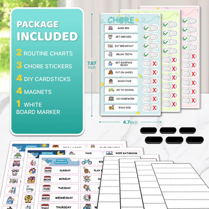 Dry Erase Kids Chore Chart for 2 Kids Pink and Blue - Magnetic Routine Chart with Slider Cute Design Stickers, Morning Bedtime Routine Chart for Toddlers Visual Schedule for Kid