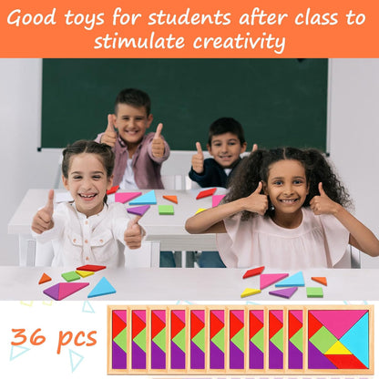Shappy 36 Pieces Wooden Tangram Puzzles for Kids Educational Shape Puzzle Toys Geometric Pattern Brain Logic Puzzle Blocks for Students Educational Activities Back to School Gifts(Novelty Style)