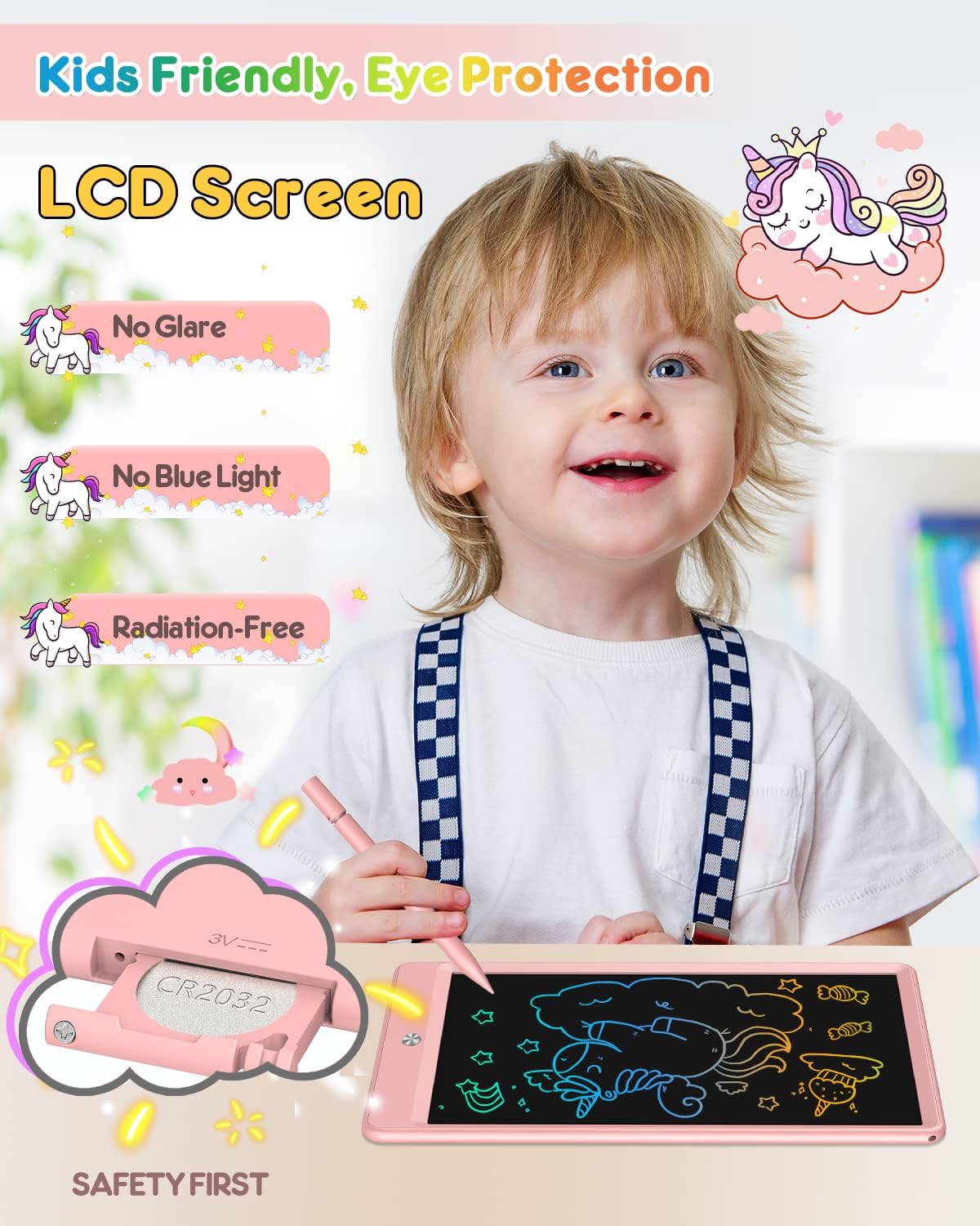 FLUESTON LCD Writing Tablet for Kids, 10 Inch Doodle Board, Colorful Drawing Pad for Toddler, Educational Travel Toy Gifts for 3-8 Year Old Girls Boys, Erase Lock Writing Board
