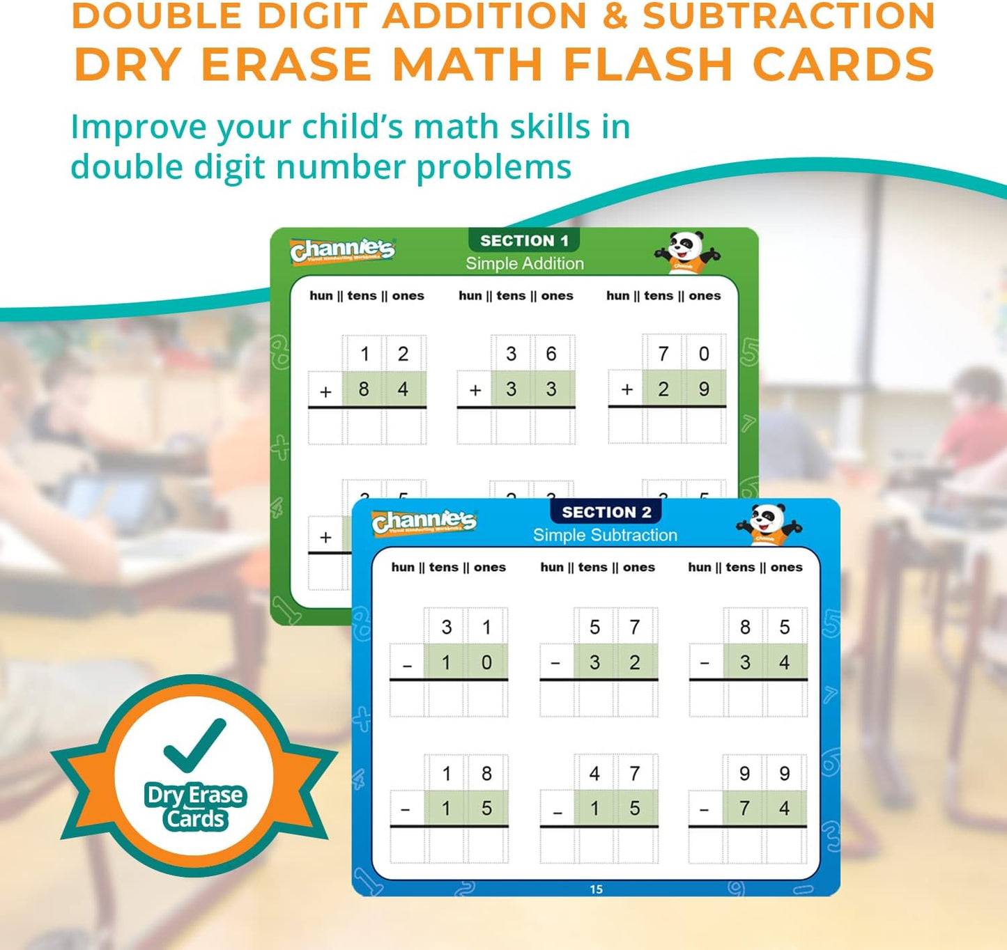 Channie’s Double Digit Addition and Subtraction Flash Cards, 30 Dry Erase Educational Math Flash Cards for Kids, Ideal for 1st to 3rd Grade, Level 2 Color-Coded Cards, 360 Two-Digit Problems