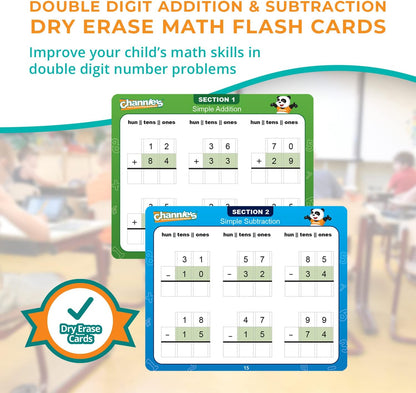 Channie’s Double Digit Addition and Subtraction Flash Cards, 30 Dry Erase Educational Math Flash Cards for Kids, Ideal for 1st to 3rd Grade, Level 2 Color-Coded Cards, 360 Two-Digit Problems