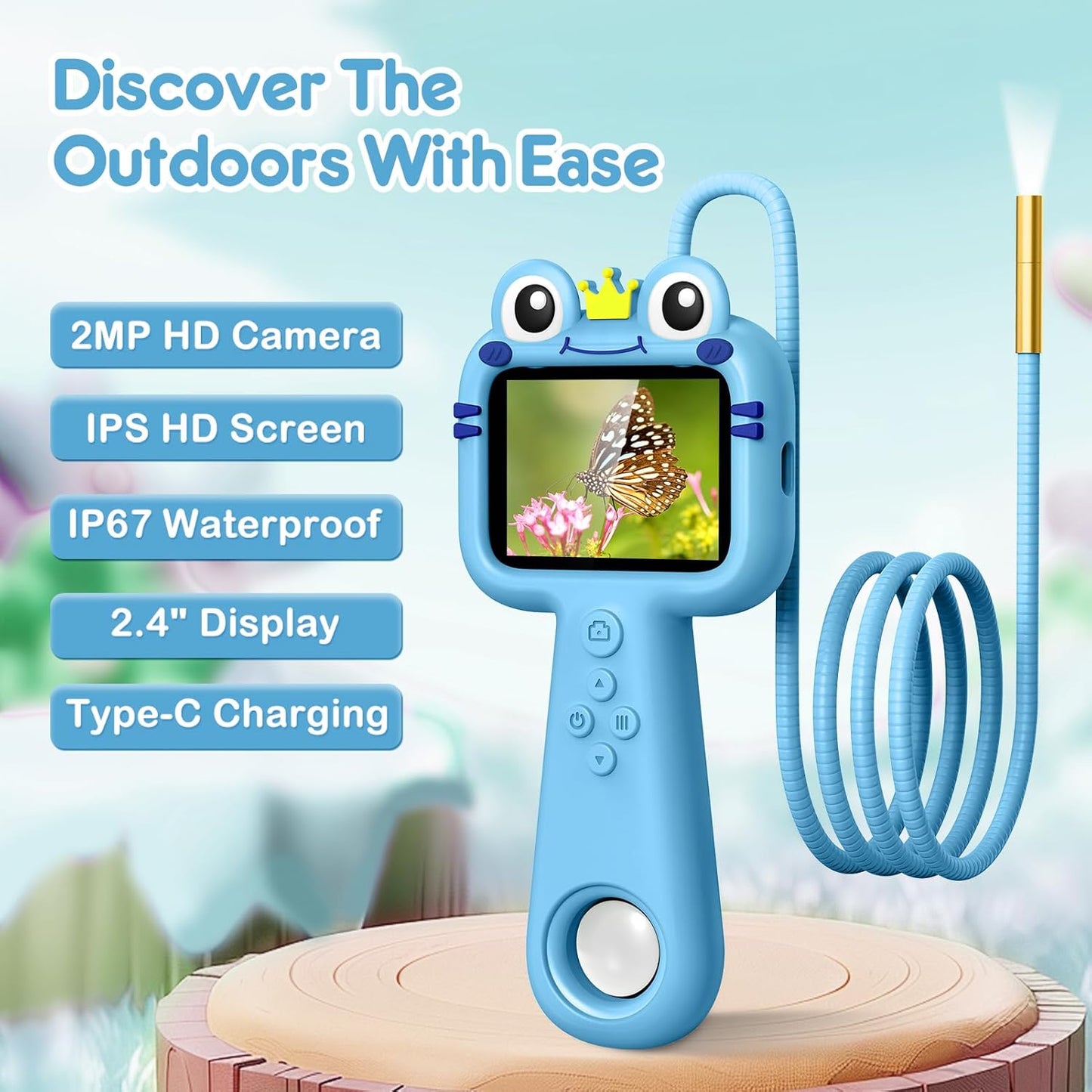 Toy Borescope Camera with Ligh for Kids - Ourdoor Educational STEM Toy Gift for 4 5 6 7 8 9 10 Years Old Boys Girls Birthday, Kids Toy Camera for Outdoor Adventures & Nature Discovery (Blue)