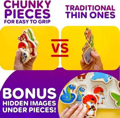 QUOKKA Wooden Puzzles for Toddlers 1-3 – 3xSET Toddler Puzzles Ages 2-4 – Montessori Animal Chunky Puzzle for Kids 3-5 – Wood Learning Toy for Boy and Girl – FSC Certified Wood