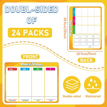 24Pcs Place Value Chart Dry Erase Flash Cards Double Sided Addition Subtraction Cardboard Math Whiteboard Math Manipulatives Teacher Portable Tool 12" x 9"