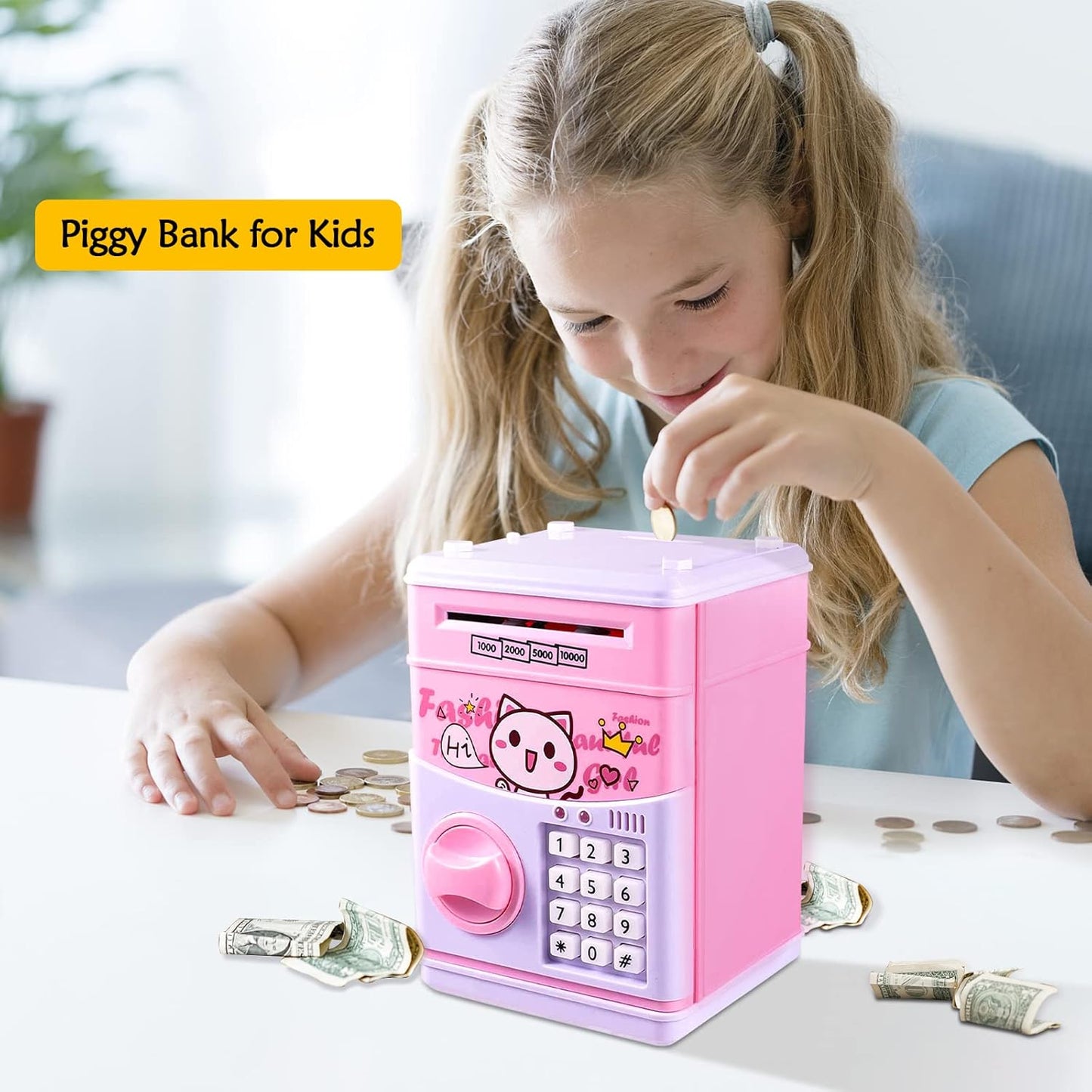JUNEU Unicorn Piggy Bank for Kids, Gifts for 5 6 7 8 9 10 Year Old Girls, Kids Electronic Piggy Bank, Girls Birthday Gifts, Educational Toys for Girl Boys, Kid Money Saving Box, Mini ATM Coin Bank