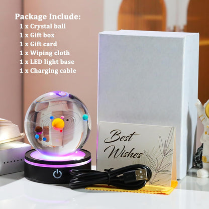 YWHL 3D Solar System Crystal Ball 80mm with Light Base, Laser Engraved Glass Planet Solar System Model Sphere Night Light Decor Space Universe Astronomy Gifts for Women Men Teens Boys and Girls