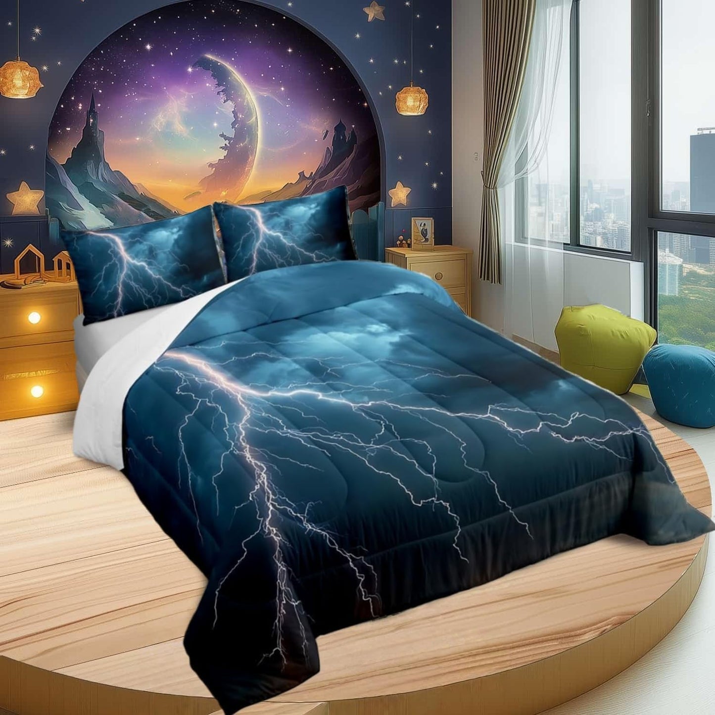 Castle Fairy Drum Kit Comforter Set,Musical Instruments Bedding Set for Kids Girls Women,Adults Rock Music Comforter,Neon Lighting Quilted Duvet Set Bedroom Collection Twin Size 2Pcs