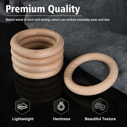 FoDau770 5pcs Natural Beech Wooden Rings, Unfinished Solid Wood Rings Heavy Duty Wood Circles, Macrame Craft Circles for Party, Home Decor & DIY Making - Outer Diameter: 3 Inch