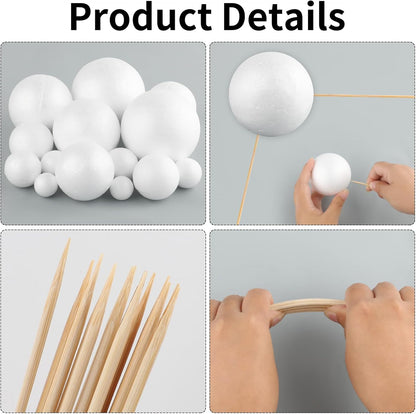 40PCS Solar System Model Kit, 20 Mixed Sized White Polystyrene Spheres Balls Foam Balls, with 20 Pieces 24 cm Long Bamboo Sticks for Kids School Science Projects DIY Planet Crafts