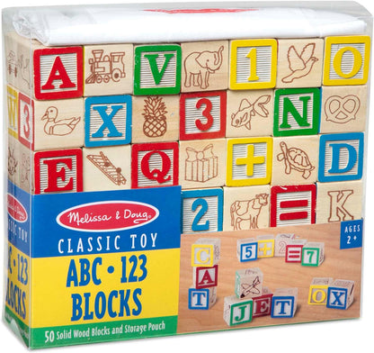 Melissa & Doug Deluxe Wooden ABC/123, 50-Piece Set of Classic Letter & Number Wooden Blocks (1” x 1”) with Storage Pouch, Sorting & Stacking Toys for Kids Ages 2+