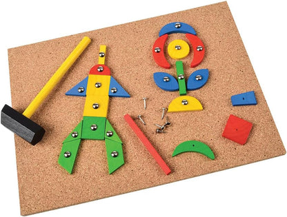Hammer & Nail Design Kit – Montessori STEM Engineering & Geometry Building Set with 60 Wooden Tiles, Tacks, Hammer & Reusable Cork Board