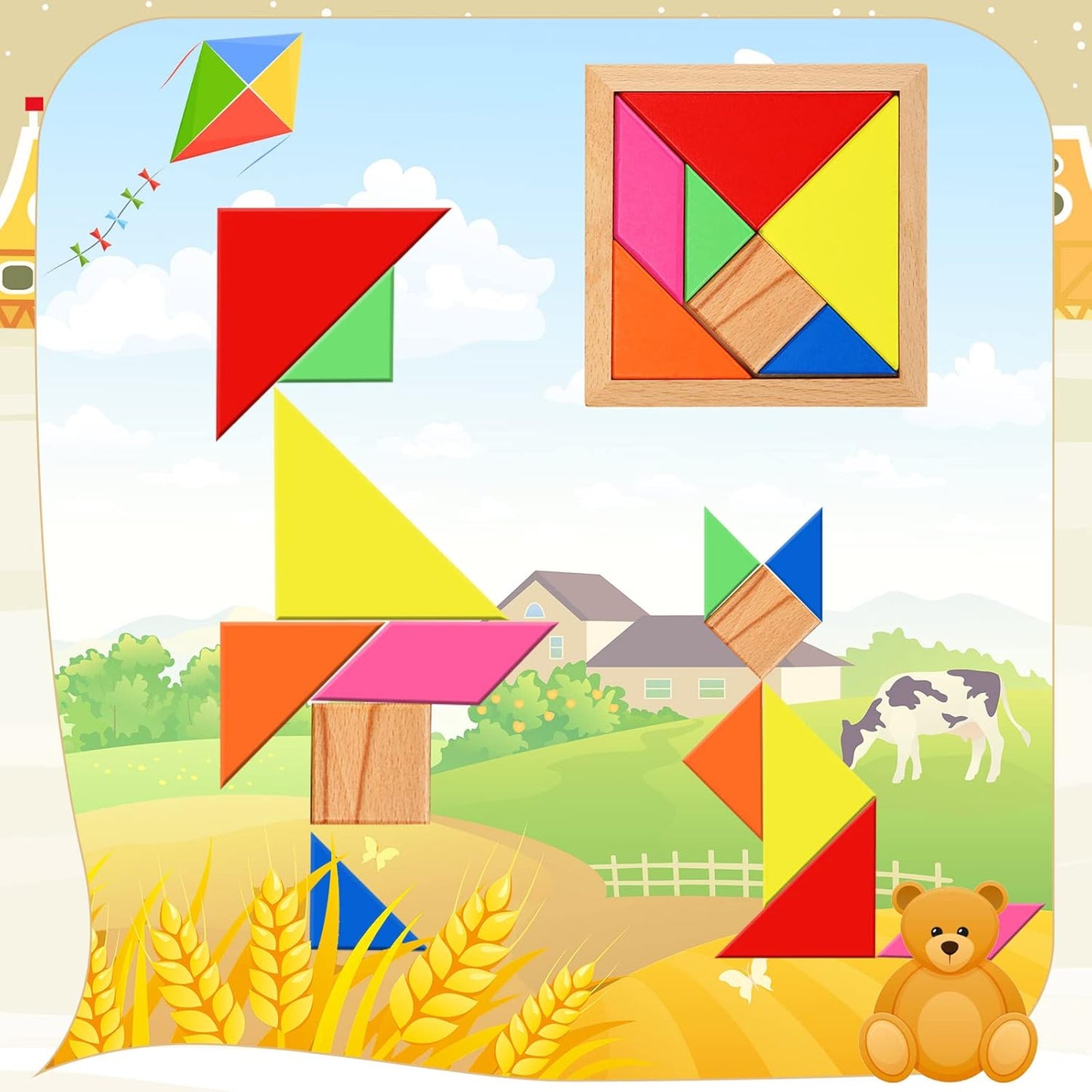 5 Pack Wooden Tangram Puzzle for Kids Wooden Hexagon Puzzle Block Teaser Geometric Shapes Tangram Games for Jigsaw 3D Logic IQ Game Gift(Geometry)
