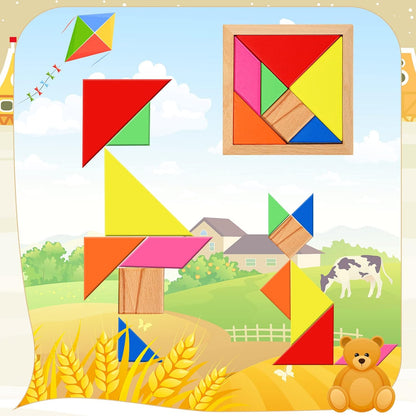 5 Pack Wooden Tangram Puzzle for Kids Wooden Hexagon Puzzle Block Teaser Geometric Shapes Tangram Games for Jigsaw 3D Logic IQ Game Gift(Geometry)