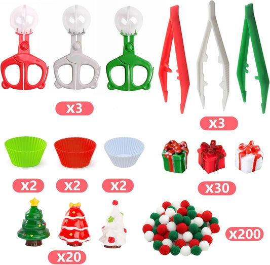 266 Pcs Christmas Sensory Bin Filler Fine Motor Toys Counting Sorting 200 Christmas Pompoms 50 Resin Mini Xmas Toys Tweezers Silicone Plates Storage Box for Winter Xmas Sorting Counting Training ﻿