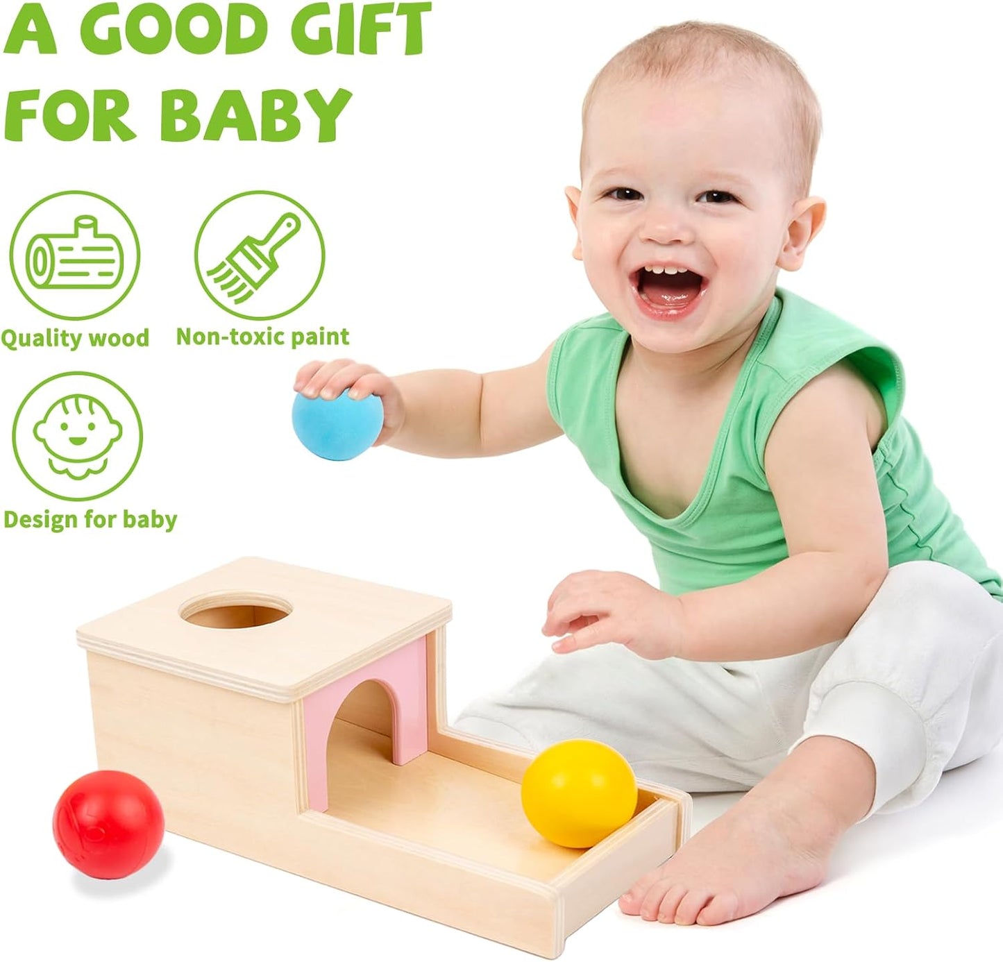 Adena Montessori Wooden Toy for 6-12 Month Baby 3 Balls with Tray, Object Permanence Box Colorful Learning Education Toy for Toddler Kid 1-2 Year Old, Preschool Developmental Girl and Boy Gift