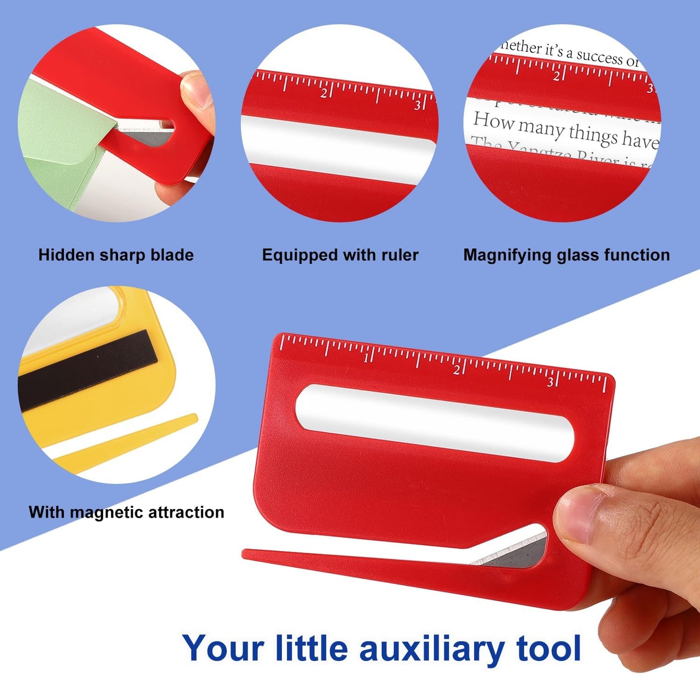 Lyreh 3pcs Magnetic Letter Openers, 3 Colors Envelope Opener Slitter Mail Cutter Tool with Scale and Magnifier with Transparent Storage Case for Women Package Home Office Supplies(Red, Yellow, Blue)