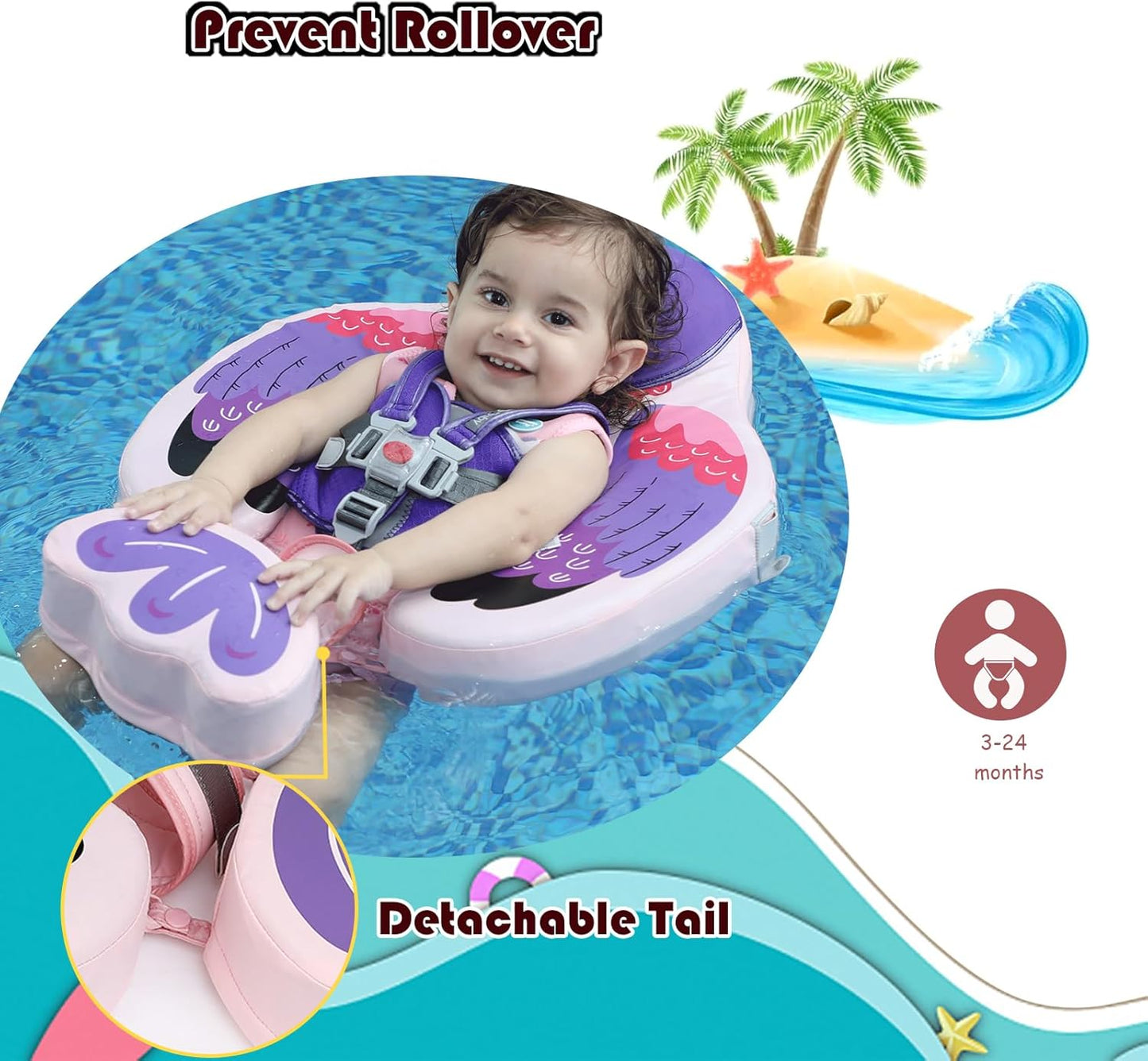 Baby Pool Float with UPF50+ 3D Adjustable Canopy, Add Tail Mambobaby Float Non Inflatable Infant Floats for Pool, Cartoon Narwhal Baby Floats (NPink with Canopy-U05NPCTLUROHML01U05)