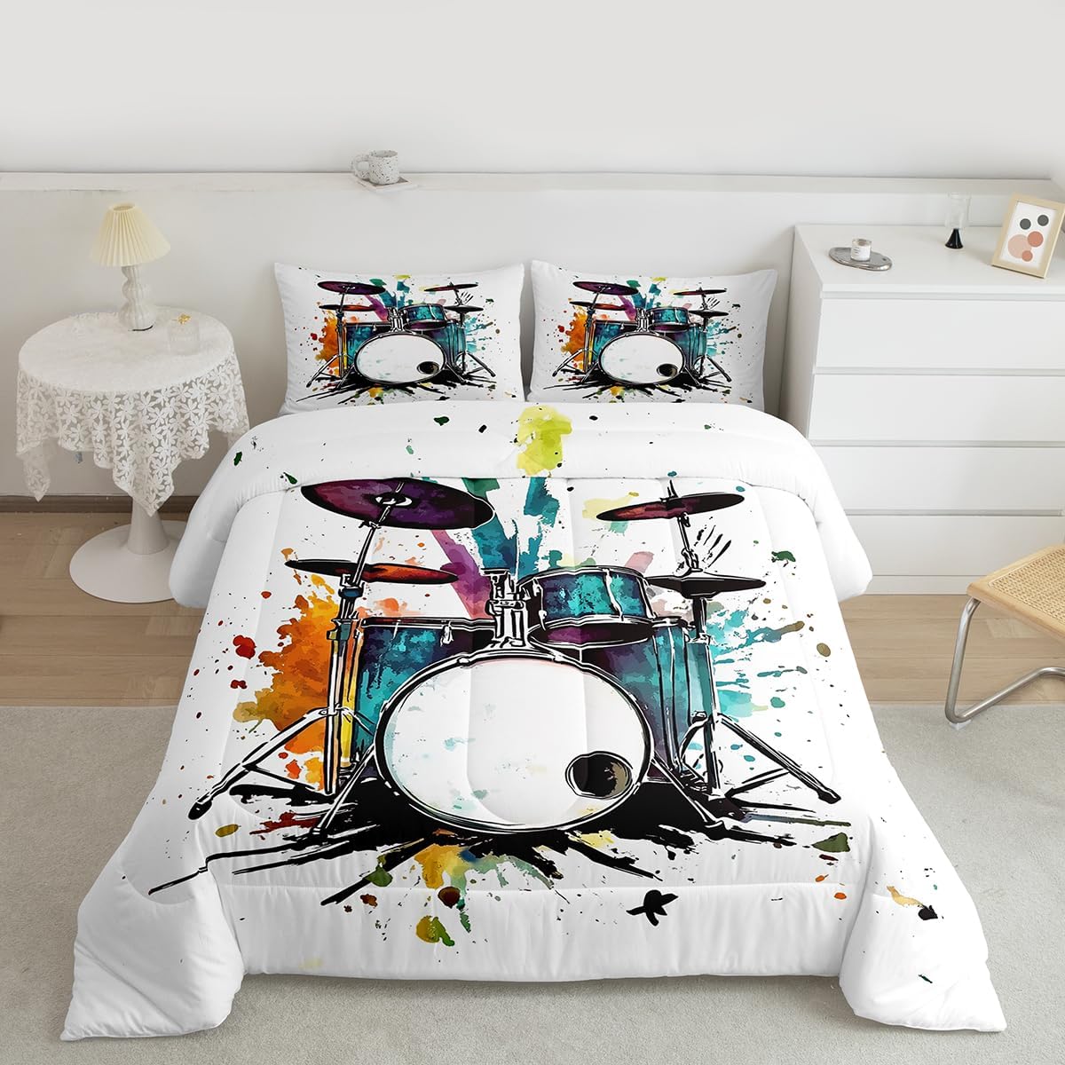 Erosebridal Drum Kit 3D Print Kids Comforter Sets Rock Music Themed Full Bedding Set for Boys Girls Musical Pattern Comforter Set,Colorful Retro Style Quilt Duvet 3 Pcs