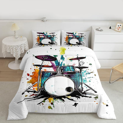 Erosebridal Drum Kit 3D Print Kids Comforter Sets Rock Music Themed Full Bedding Set for Boys Girls Musical Pattern Comforter Set,Colorful Retro Style Quilt Duvet 3 Pcs