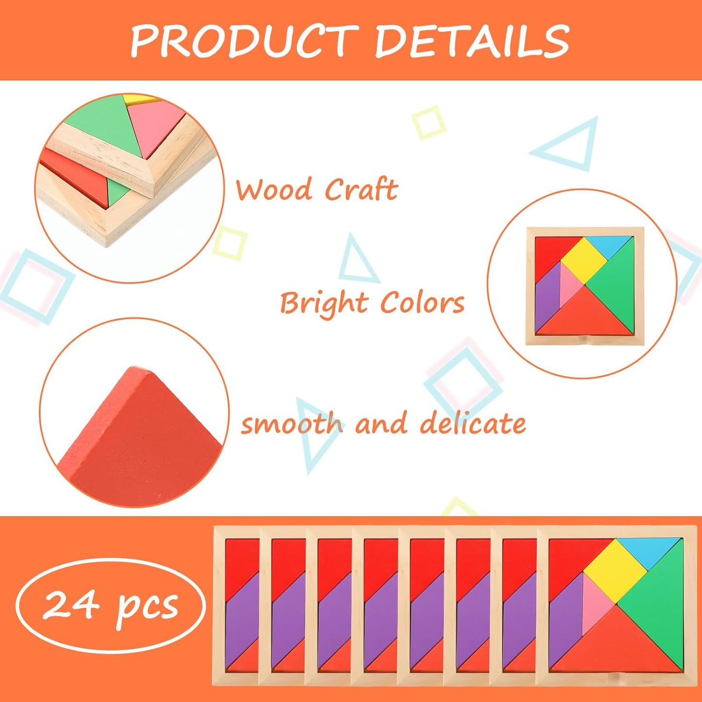 Syhood 24 Pieces Tangrams Puzzles for Students Party Favors Wooden Tangram Pattern Blocks Brain Logic Blocks for Manipulatives Games Educational Gifts and Party Favors(Classic)