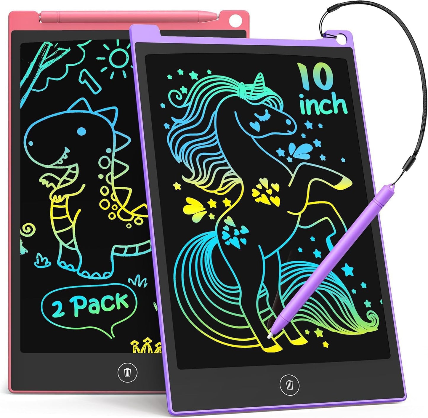 TECJOE 10 Inch 2 Pack LCD Writing Tablet, Colorful Doodle Board Drawing Tablet for Kids, No Mess Toddler Travel Learning Toys, Christmas Birthday Gifts for 3 4 5 6 7 8 Year Old Boys Girls Preschooler