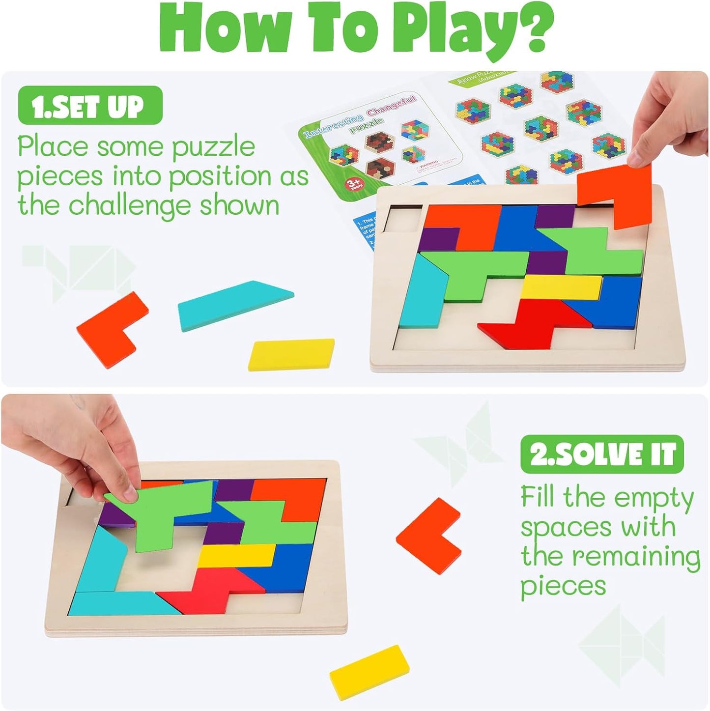 Yunsailing 3 Pack Large Hexagon Tangram Puzzle Wooden Brain Puzzles for Adult Challenge Wood Russian Blocks Brain Teasers Geometric Jigsaw Block Logic Iq Stem Family Graduation Gifts(Vintage)