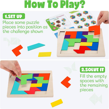 Yunsailing 3 Pack Large Hexagon Tangram Puzzle Wooden Brain Puzzles for Adult Challenge Wood Russian Blocks Brain Teasers Geometric Jigsaw Block Logic Iq Stem Family Graduation Gifts(Vintage)