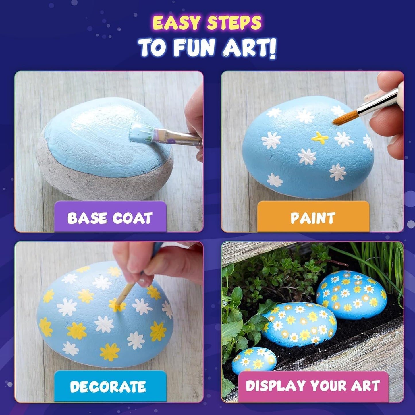 Rock Painting Kit for Kids 6-12 - 90+ Pcs Arts and Crafts Kit for Kids Painting - 10 White Rocks, 12 Paint Colors, Glitter Glue, Googly Eyes & More - Rock Art Supplies- DIY Arts & Crafts Easter Gifts