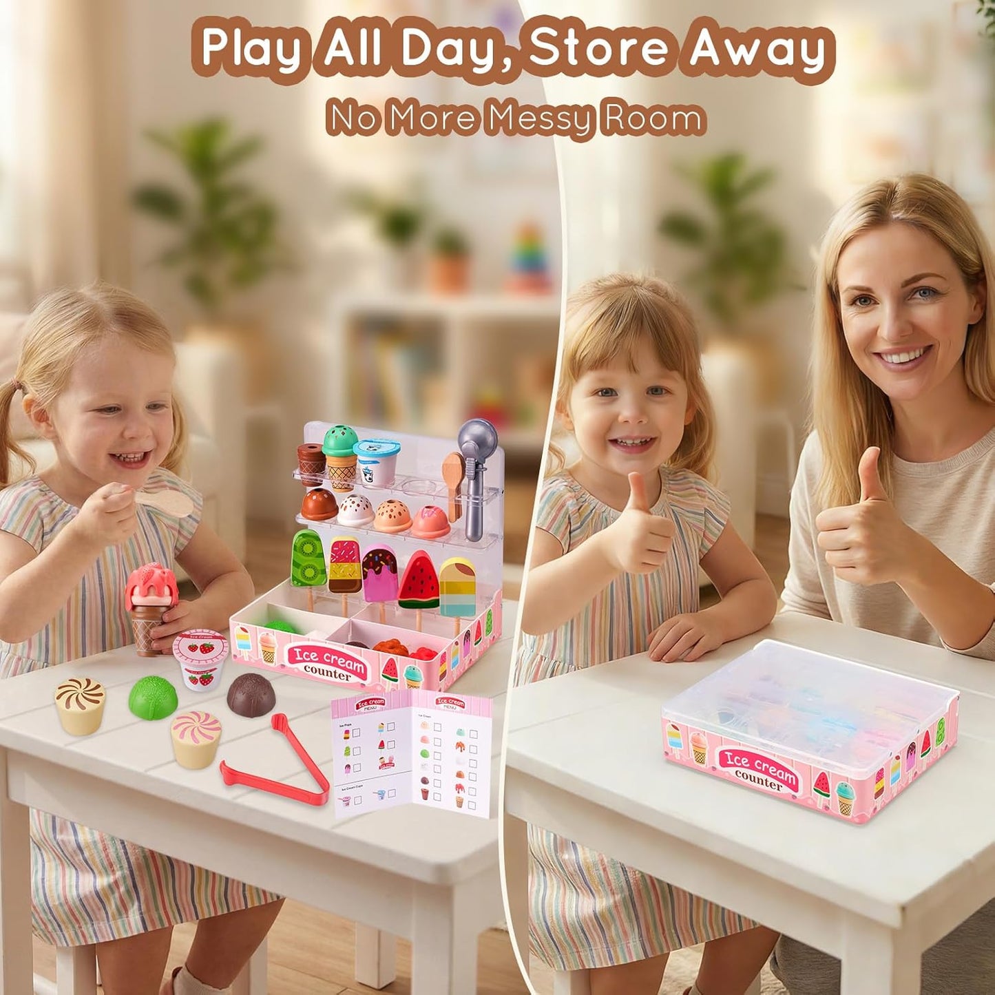 Ehome Wooden Ice Cream Toys Set Pretend Play Food Store for Kids Serve Ice Cream Counter Shop Kitchen Playset with Lucky Wheel, Scoop, Menu, Fake Money for Boys and Girls Ages 3 4 5 6 Birthday Gift