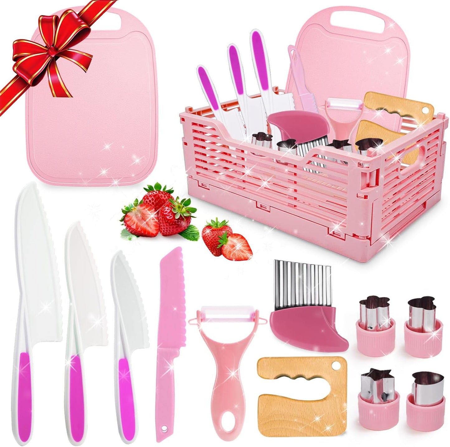 Kids Baking Cooking Set Real & Toddler Kid Apron, Kids Knife Set for Real Cooking & Basket,Food-Grade Material,Montessori Toddler Kitchen Tools, Christmas Birthday Gift for 3-10 Year Old Girls Boys