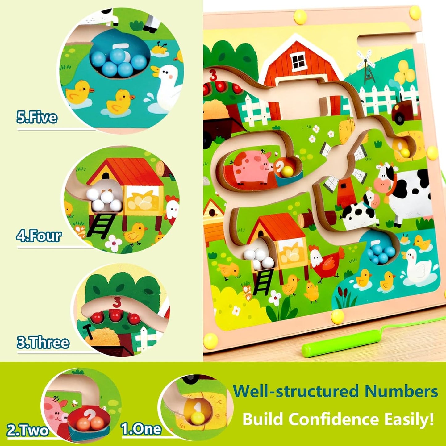 QimuMku Montessori Busy Board for Toddlers 2-4 - Magnetic Color and Number Maze Wooden Ice Cream Matching Game 1-6 Counting Learning Toys for Boys Girls Road Trip Essentials