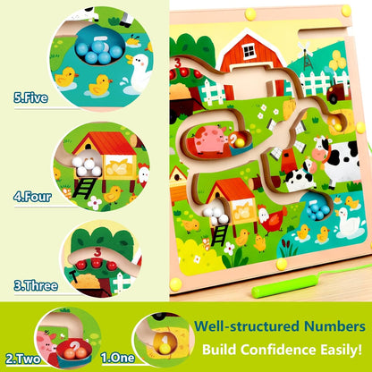 QimuMku Montessori Busy Board for Toddlers 2-4 - Magnetic Color and Number Maze Wooden Ice Cream Matching Game 1-6 Counting Learning Toys for Boys Girls Road Trip Essentials