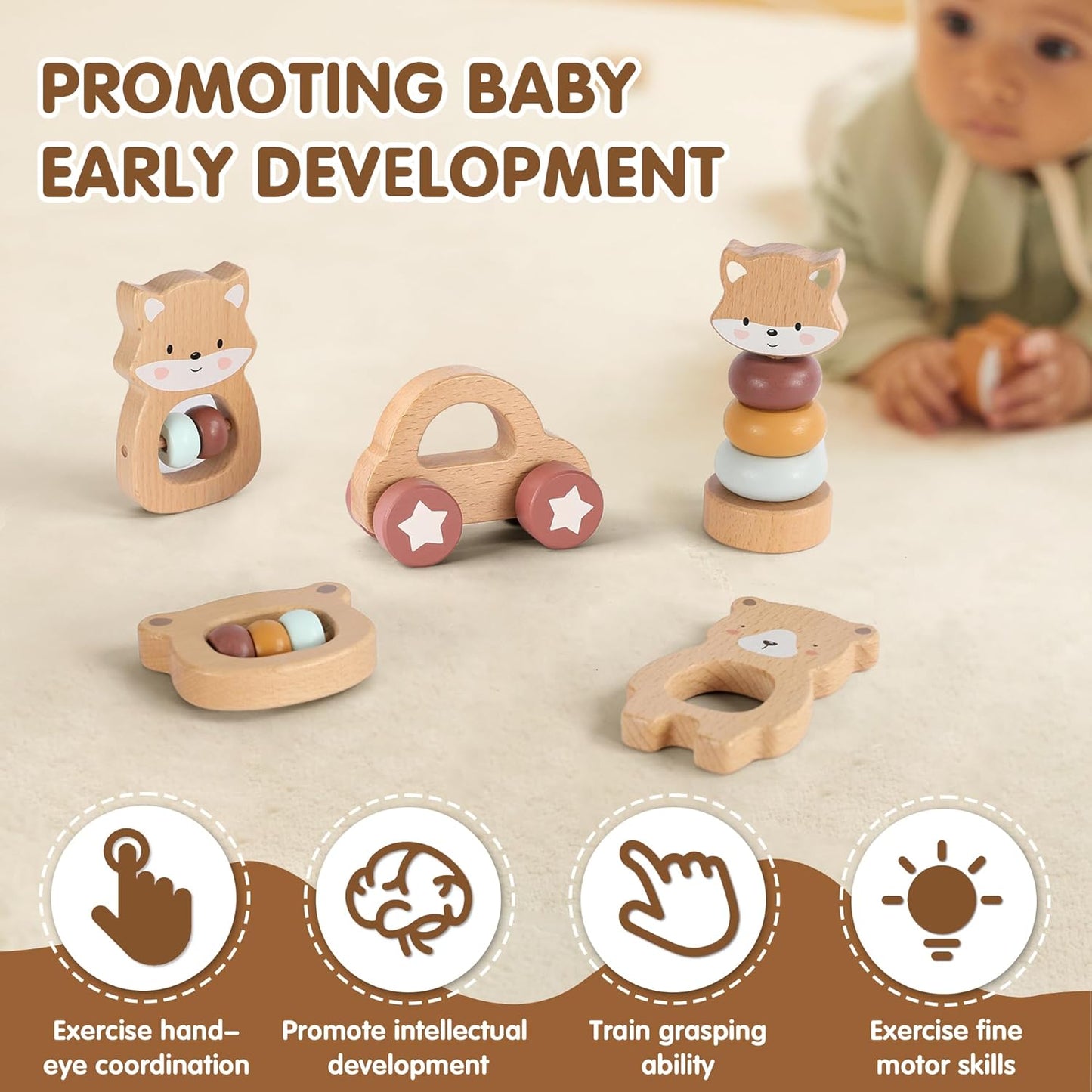 FReniland Wooden Montessori Baby Toys Set, 5-Piece Newborn Gift Set with Koala Rattle, Fox Stacking Rings & Push-Pull Toy for Boys and Girls
