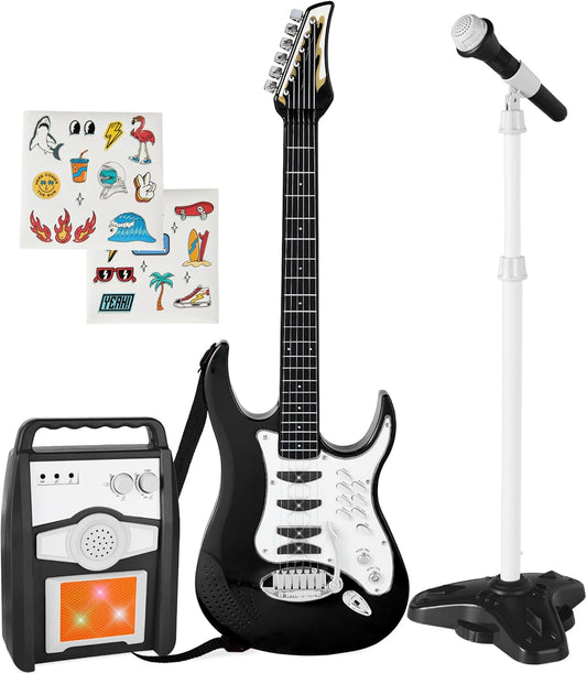 Best Choice Products Kids Electric Guitar Set with Microphone & Amp, Interactive Musical Toy for Boys & Girls, Lights & Sounds, Demo Songs, AUX Input, DIY Stickers - Blue