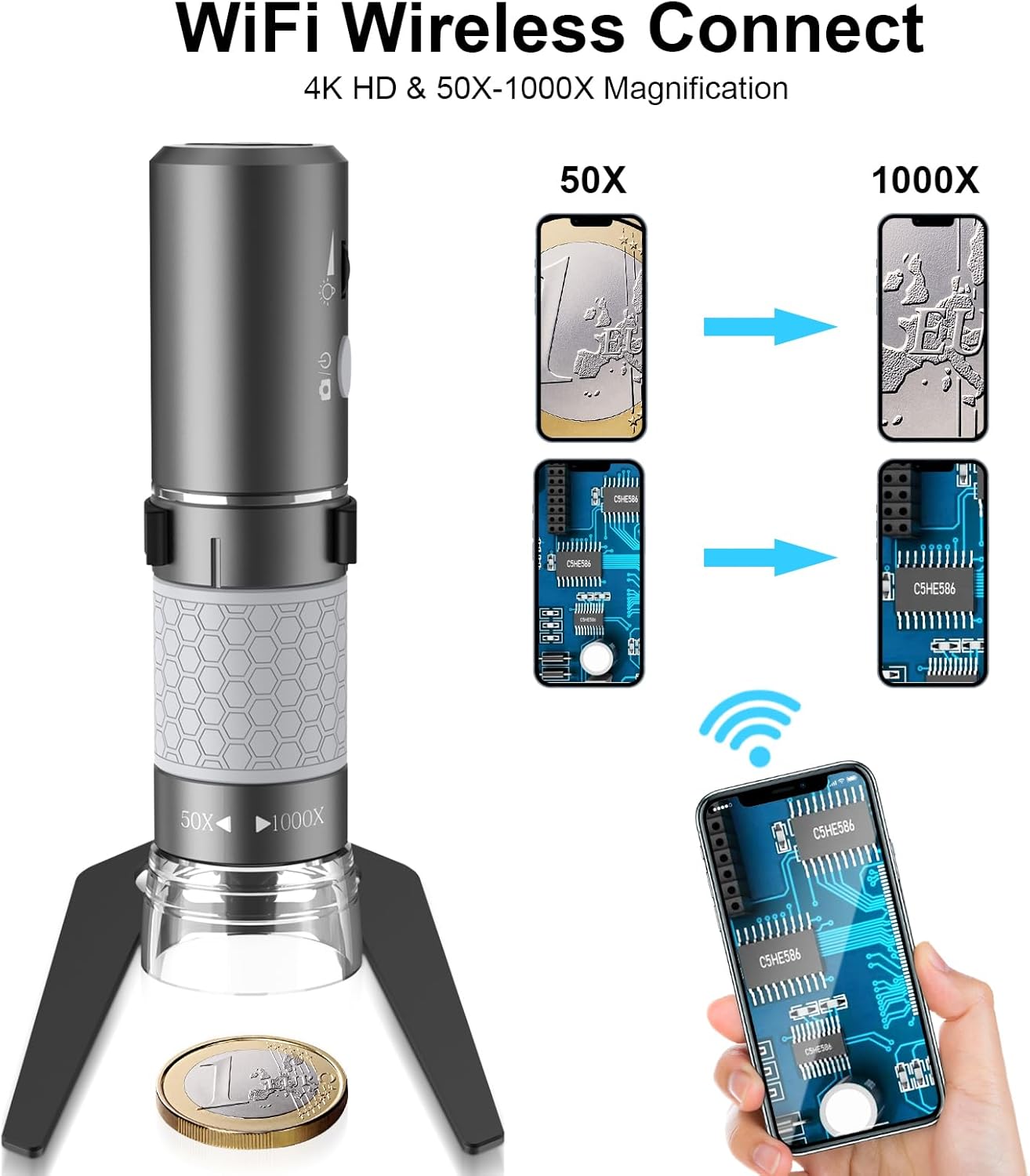 4K 3840x2160p WiFi Digital Microscope for iPhone Android Phone and Windows Mac PC, Wireless Handheld Microscope Camera, Portable Microscope with Metal Stand for Adults and Kids