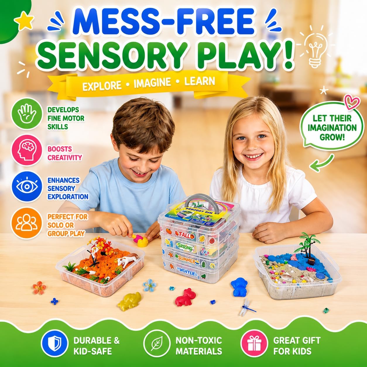 Dino & Ocean Sensory Bin, Dino & Ocean Sensory Toys with Play Sand for Toddlers Boys and Girls,Kids Toys Gift Sand Box for Age 3 4 5 6 7 8