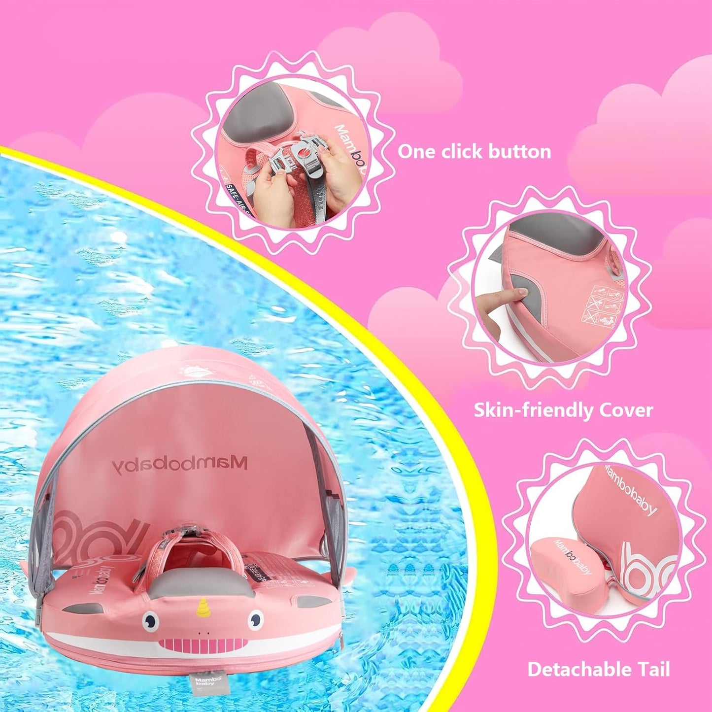 Baby Pool Float with UPF50+ 3D Adjustable Canopy, Add Tail Mambobaby Float Non Inflatable Infant Floats for Pool, Cartoon Narwhal Baby Floats (NPink with Canopy-U05NPCTLUROHML01U05)