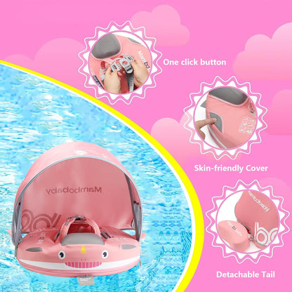 Baby Pool Float with UPF50+ 3D Adjustable Canopy, Add Tail Mambobaby Float Non Inflatable Infant Floats for Pool, Cartoon Narwhal Baby Floats (NPink with Canopy-U05NPCTLUROHML01U05)