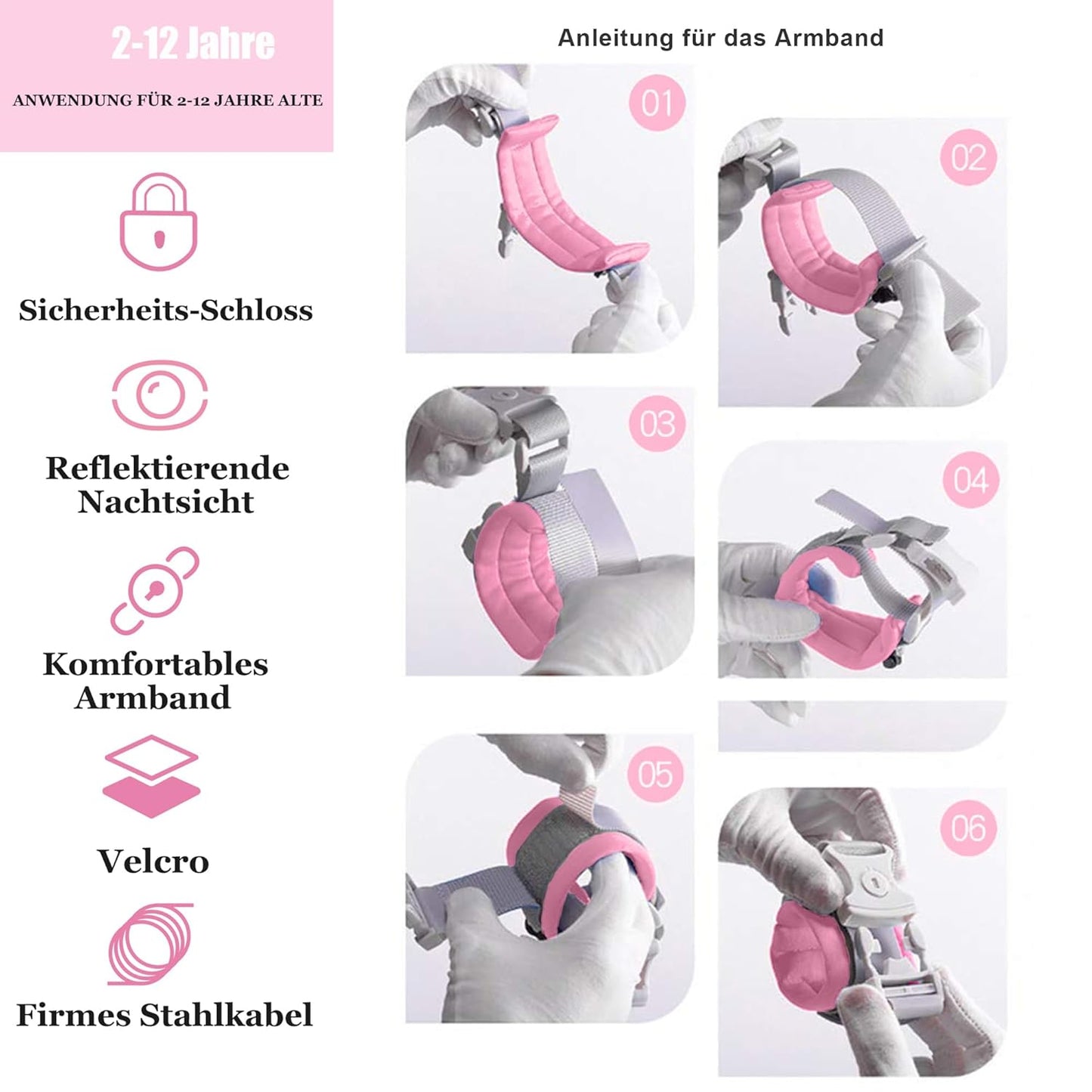 Toddler Harness Walking Leash- Child Anti Lost Wrist Link - Child Safety Harness - Upgrade with Reflective(6.5ft) - for Boys and Girls,Not Easy to Open Without Key (Light Pink)