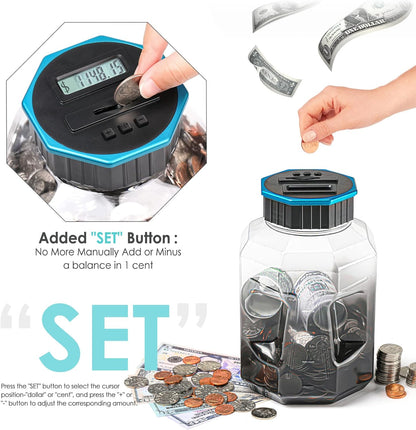 X-Large Piggy Bank for Adults Kids, Vcertcpl Digital Coin Counting Bank with LCD Counter, 2.4L Capacity, Great Coin Counter Bank Money Counting Jar with Total Amount Displayed (Silver, X-Large)