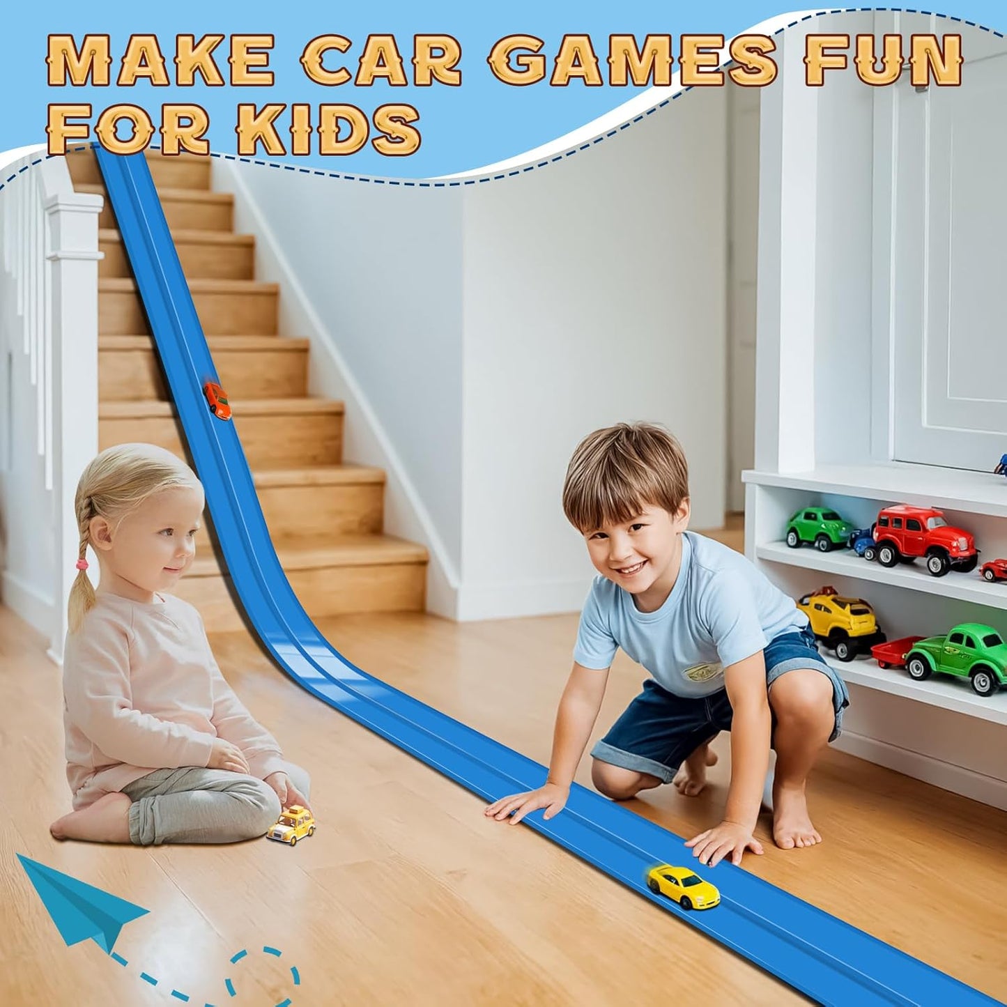 Flex Tracks 15 Ft for Kids Starter Set, Flexible Race Car Ramp Track with Suction Cups Compatible with Diecast 1/64th Cars for Ages 3 & Up (Black & Red)
